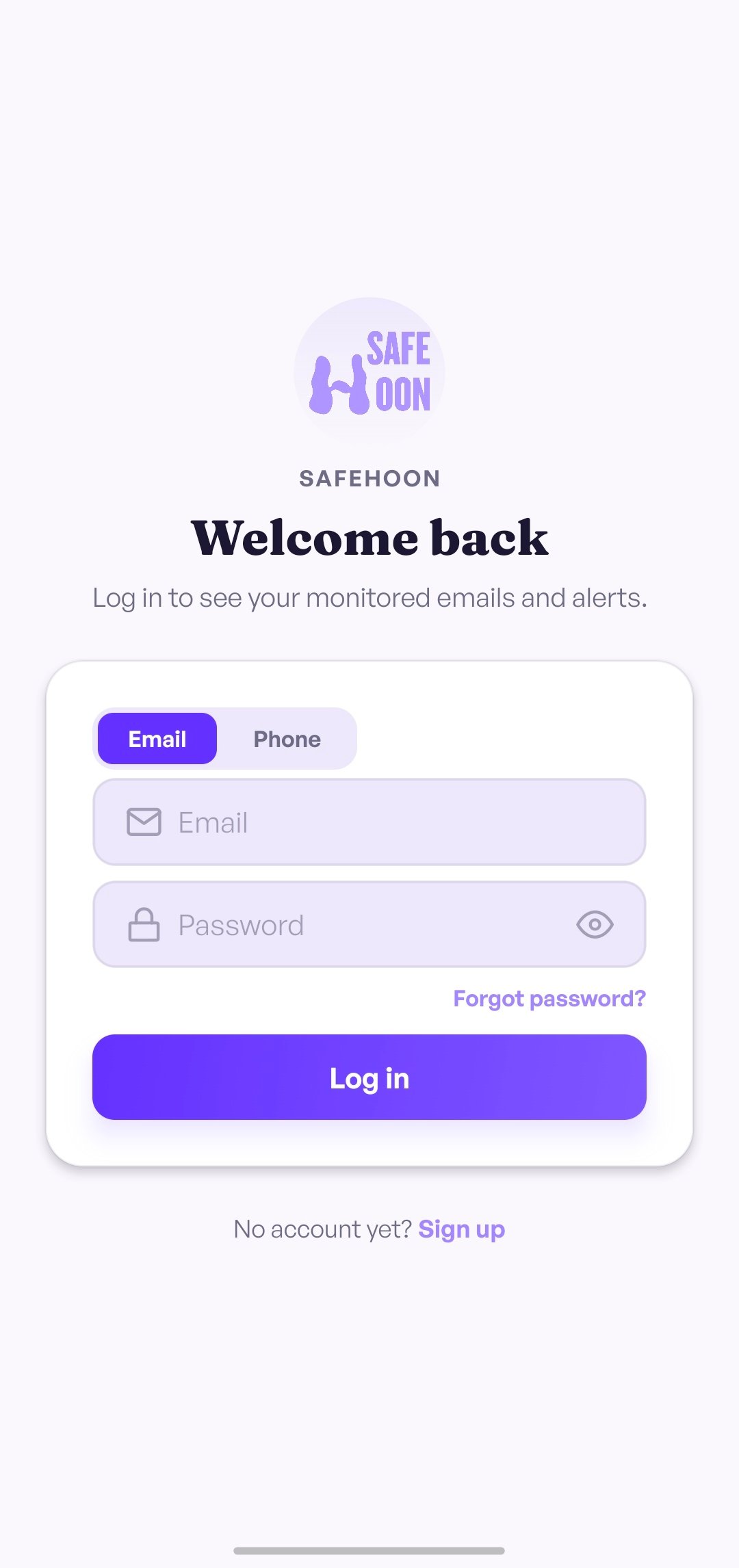 SafeHoon's login screen, with an email/mobile toggle