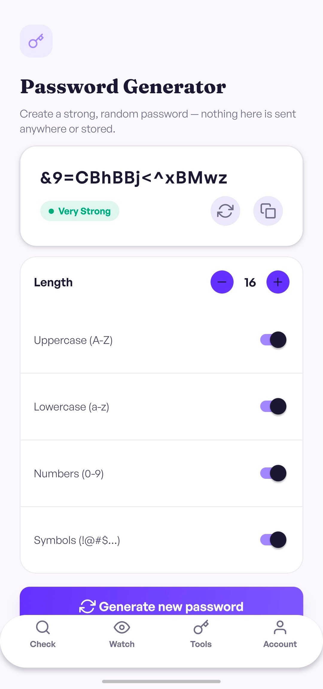 SafeHoon's built-in password generator screen